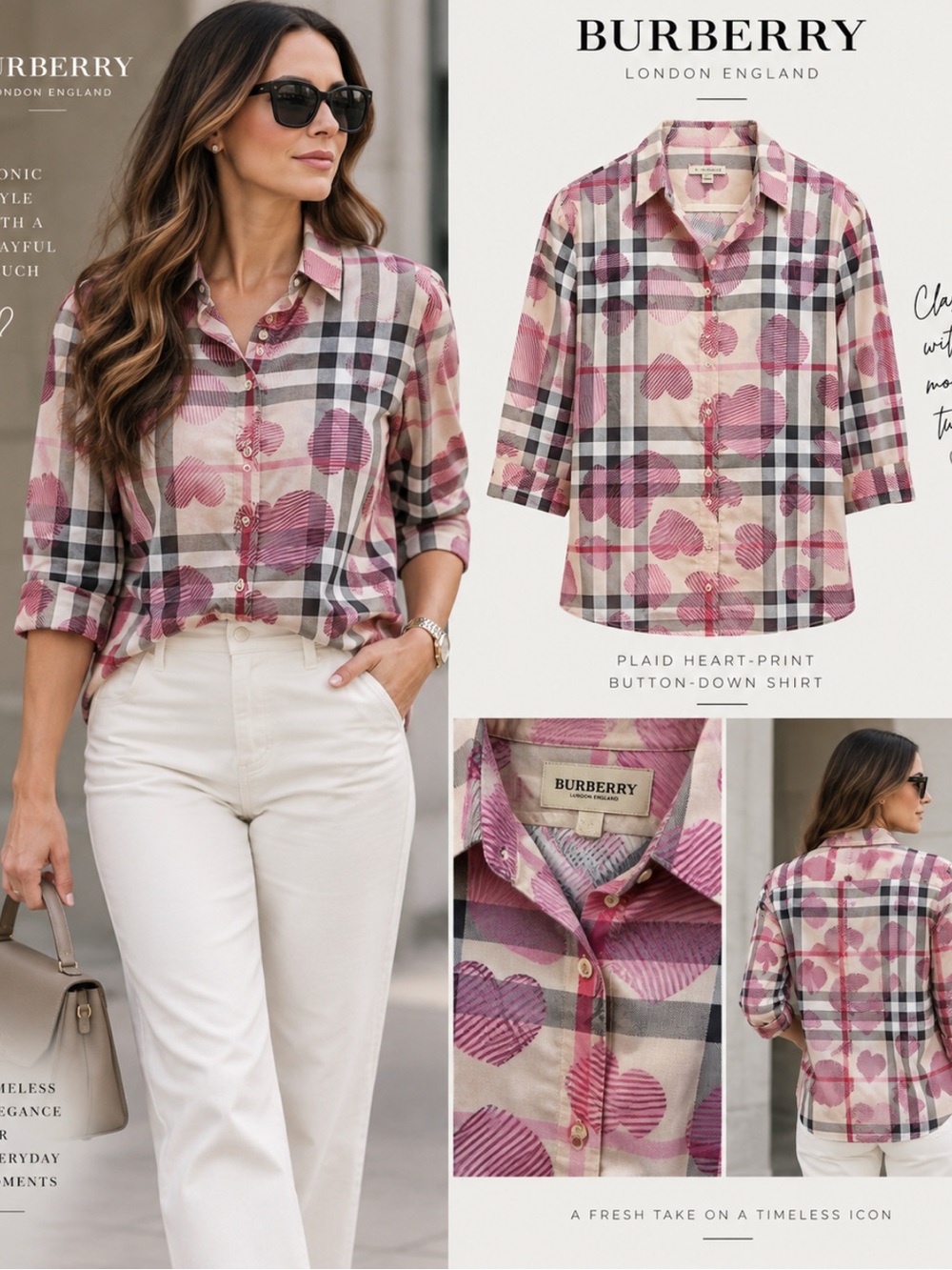 Burberry Pink, Cream and Black Plaid Heart-Print Button-Down Shirt